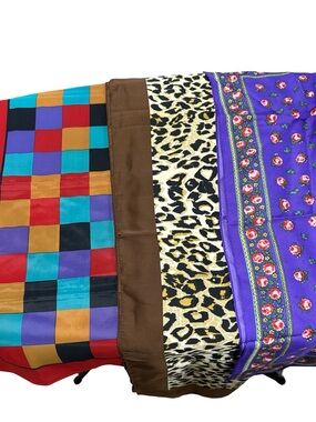 Colorblock, Leopard & Floral Mixed Silk Scarves - Purple, Brown, Teal, Red